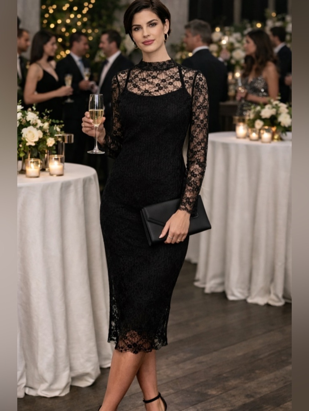 NWT Lily Rose SZ S Black Lace Sheath Dress with Bishop Sleeves/bust 32”-40”
